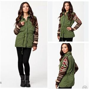 Denim & Supply Ralph Lauren Womens Military Green Field Jacket Knit Aztec Sleeve